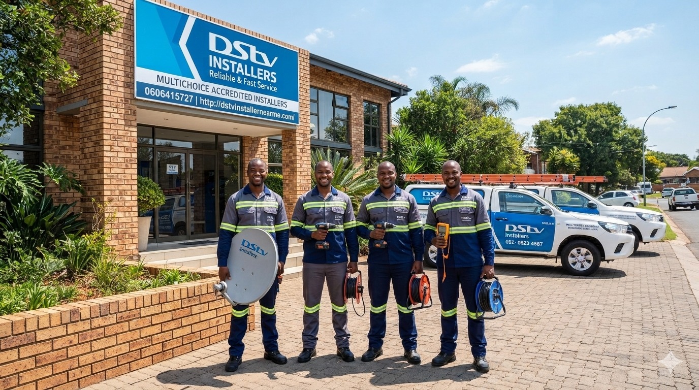 DStv installation team outside a service vehicle